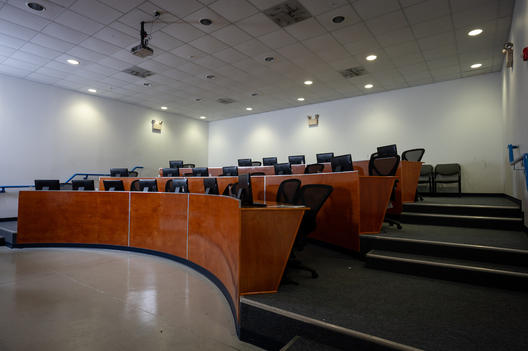 Image showing one of Aviator College's new classrooms with lecture space and desks on risers.