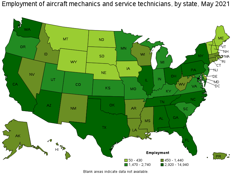 Map showcasing Employment of aircraft mechanics and service technicians by state.