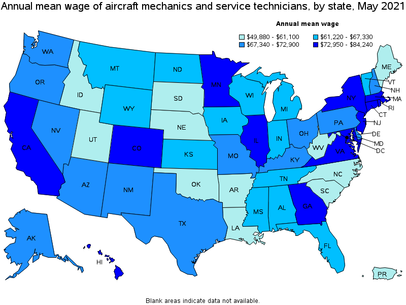 U.S Bureau of Labor Statistics map showcasing Annual mean wage of aircraft mechanics and service technicians by state.